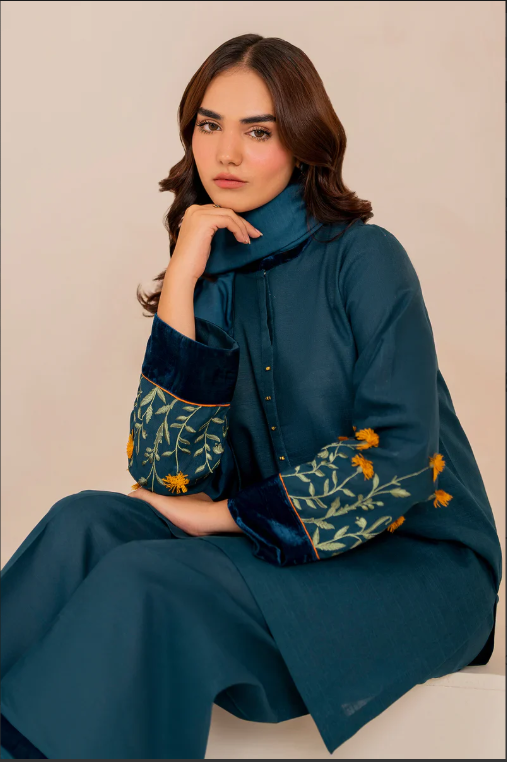 BAROQUE - 3PC DHANAK EMBROIDERED SHIRT WITH DHANAK SHAWL AND TROUSER