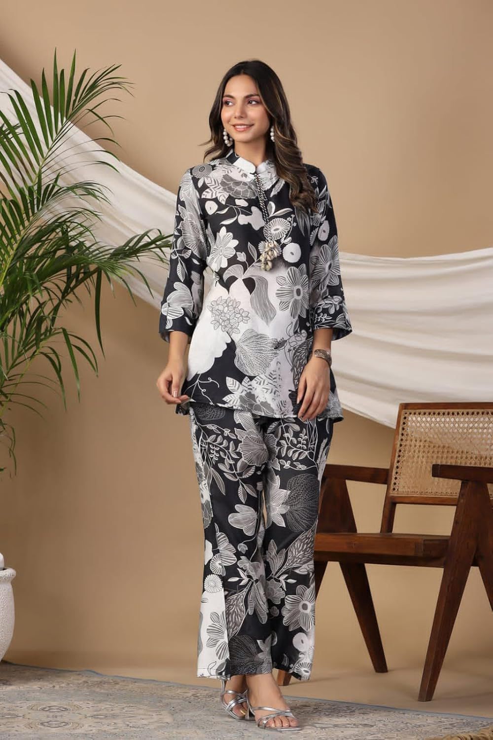 Black & White Muslin Floral Print Co-ord Set