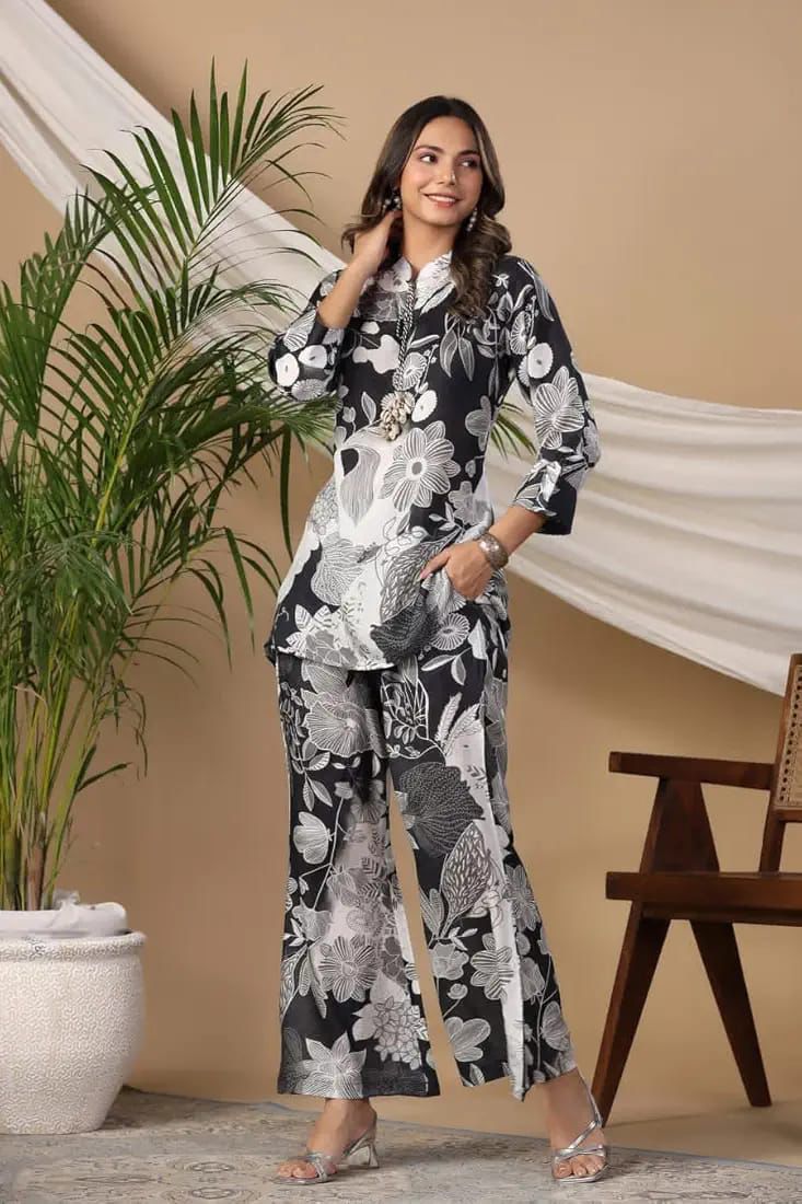 Black & White Muslin Floral Print Co-ord Set