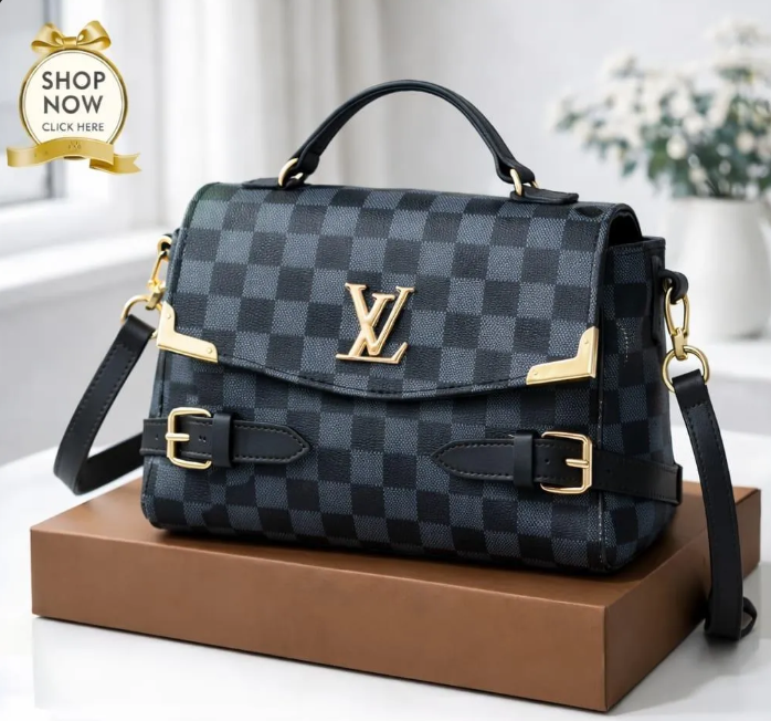 LV Checkered Shoulder Bag Medium Soft Leather Long Strap