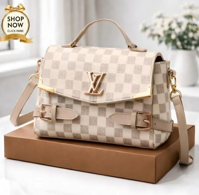 LV Checkered Shoulder Bag Medium Soft Leather Long Strap