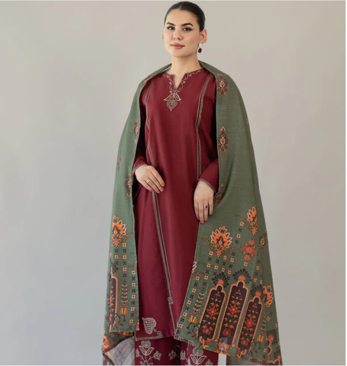 Maroon 3-Piece Lawn Embroidered Unstitched Suit