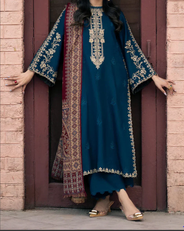 Embroidered CHIKANKARI 3pc Marina Dress With Printed Shawl