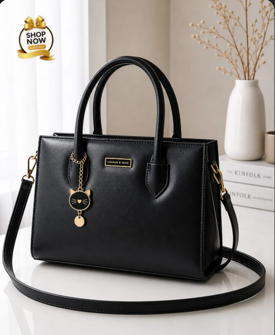 Women's Black Rexine Shoulder Bag with Top Handle