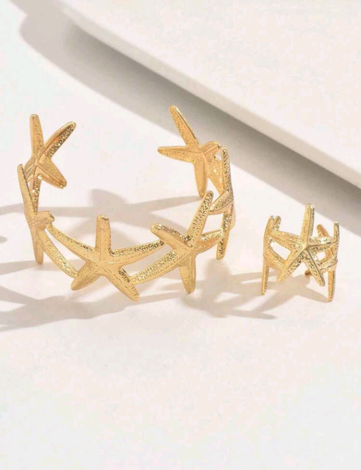 2pcs Metal Elegant Starfish Ring & Bracelet Set, 3D Open Adjustable Bangle & Ring Set For Women
