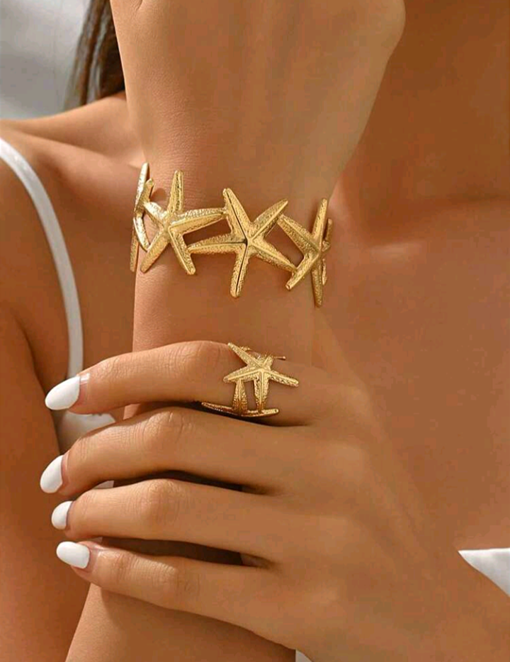 2pcs Metal Elegant Starfish Ring & Bracelet Set, 3D Open Adjustable Bangle & Ring Set For Women