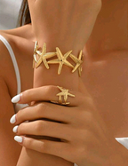 2pcs Metal Elegant Starfish Ring & Bracelet Set, 3D Open Adjustable Bangle & Ring Set For Women