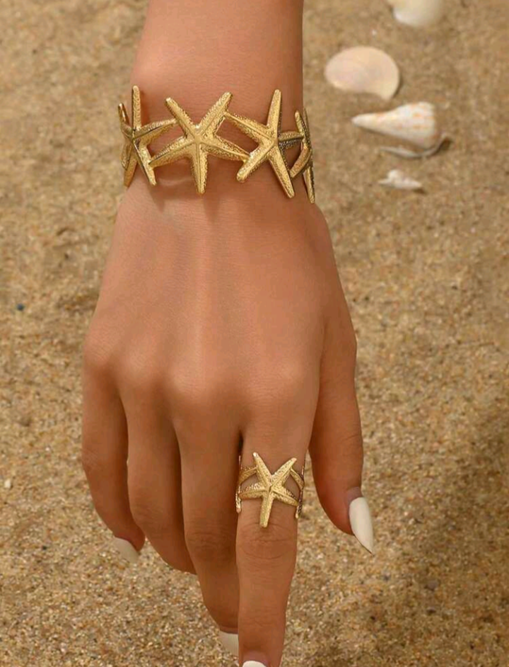 2pcs Metal Elegant Starfish Ring & Bracelet Set, 3D Open Adjustable Bangle & Ring Set For Women